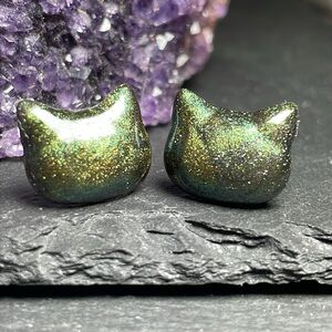Custom Elegant Green Cat Hand Made Stud Post Earrings
